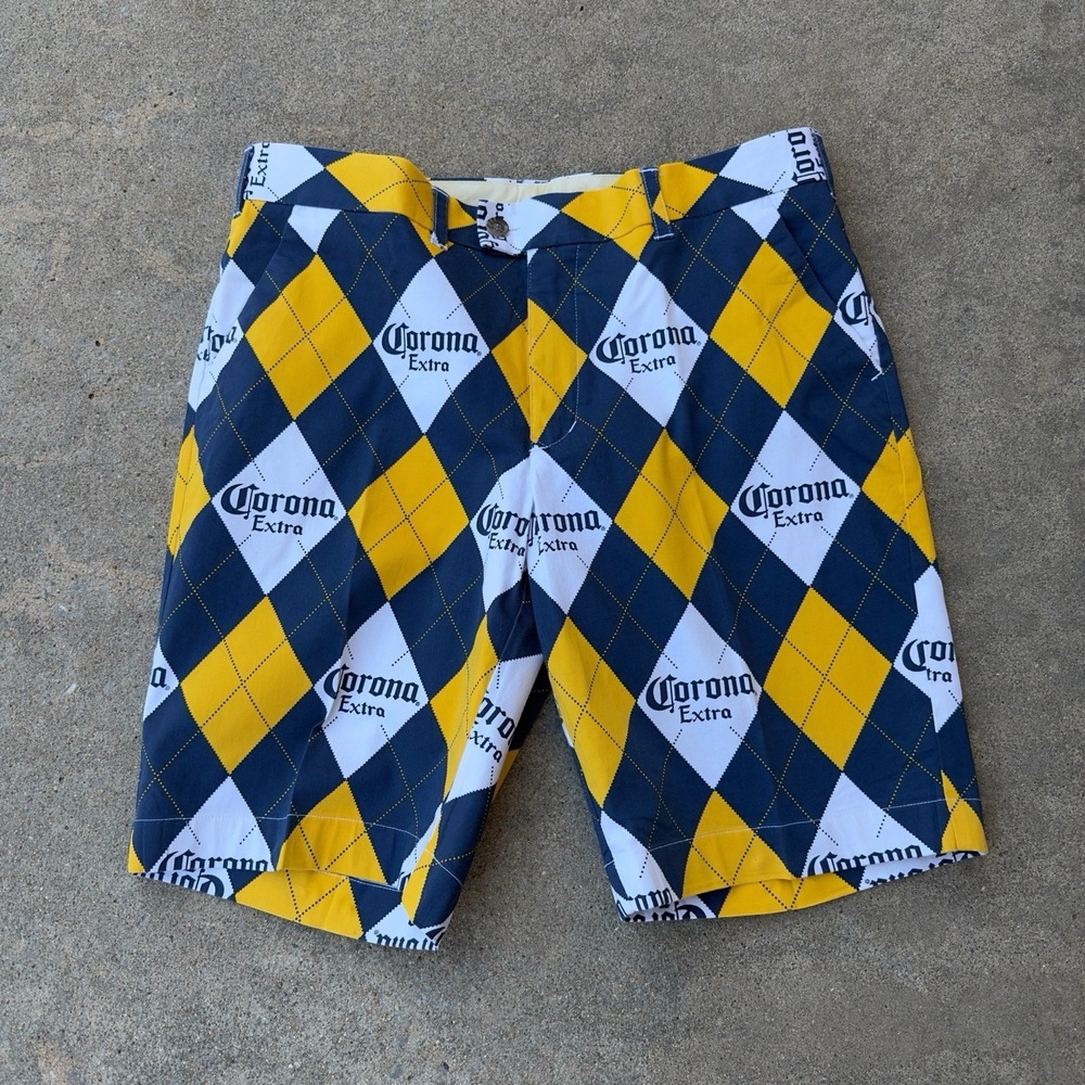 Loudmouth Corona Extra Argyle Men's Golf Heritage Shorts Size 36 Cerveza - Picture 1 of 12